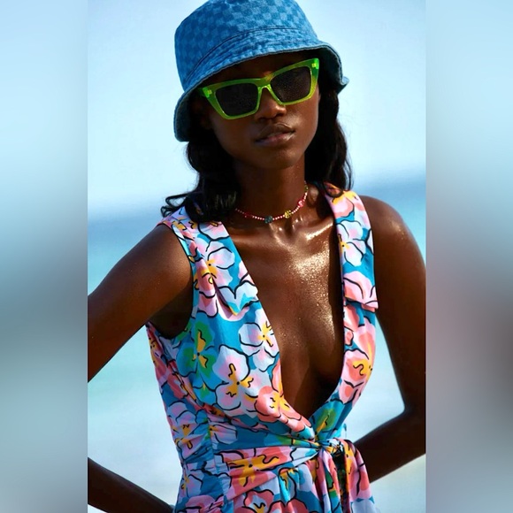 NWT For Love & Lemons Blue Yasmin Blue Tropical Floral Mini Dress 100% Bamboo M - Picture 5 of 15